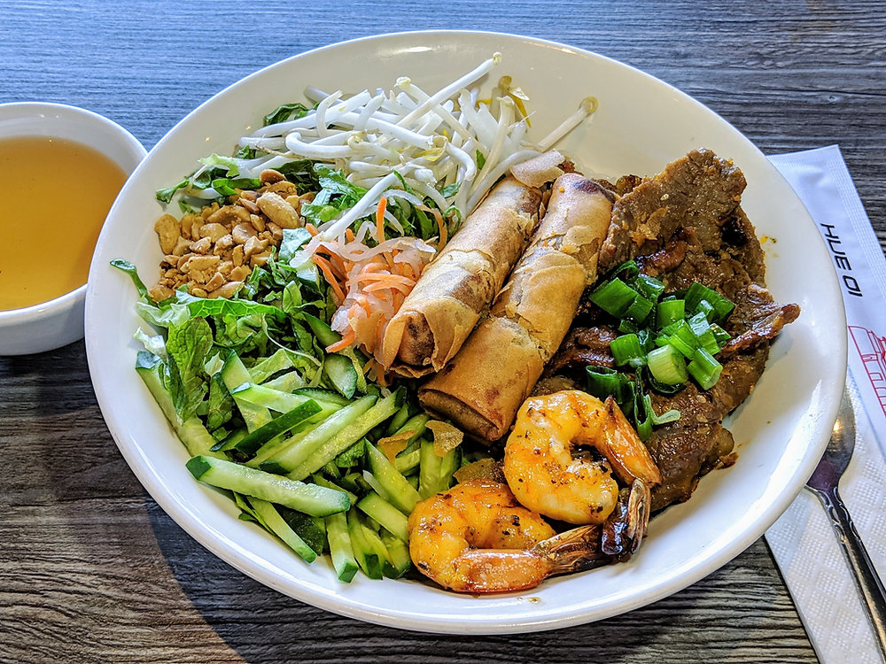 Grilled Beef and Egg rolls noodle bowl